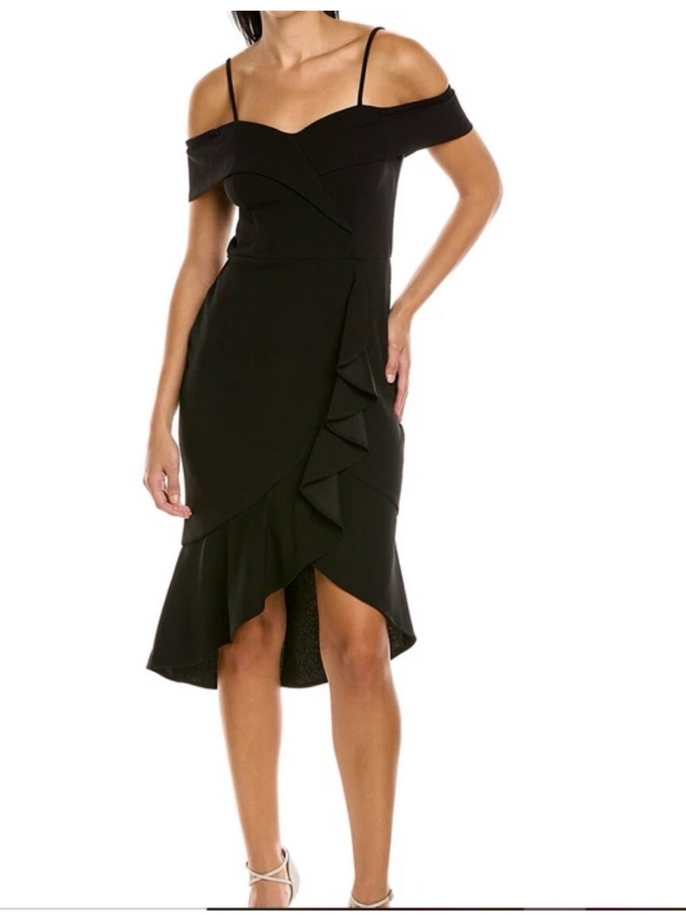 Bebe Black Midi Dress Off‎ Shoulder High Low Ruffle LBD Cocktail Evening Size 10